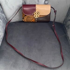 Tory Burch Burgundy and Tan Britten Snake Embossed Convertible Crossbody Bag